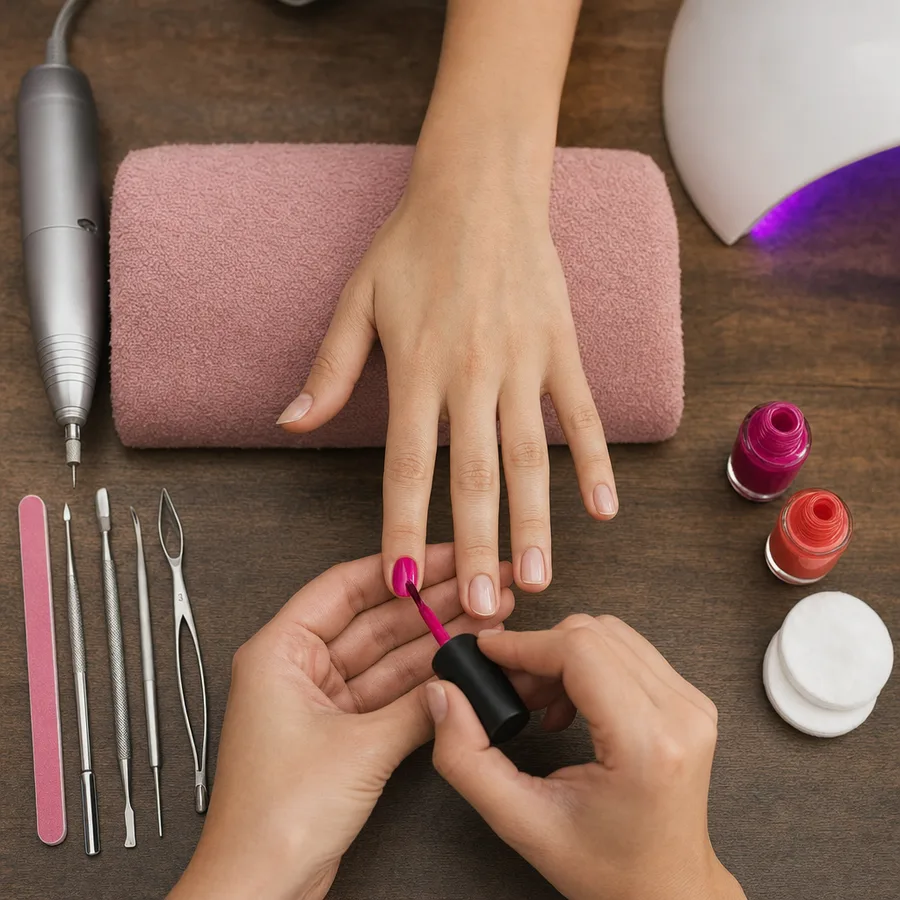 Manicurista aplicando esmalte con sus herramientas de trabajo