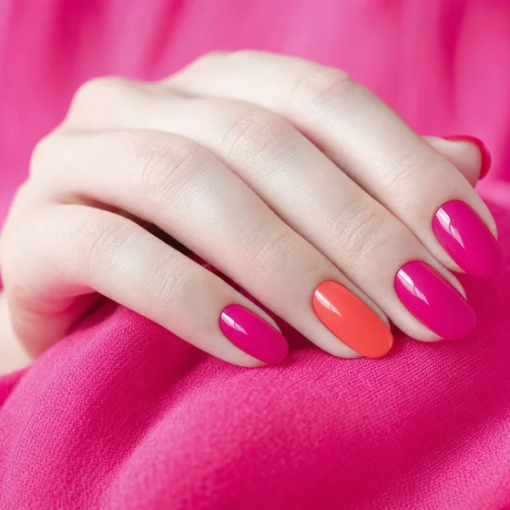 Manicura en fucsia y coral con acabado brillante